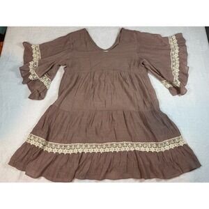 UMGEE Crochet Trim Boho Tan Cream Blouse Size Medium Bell Sleeves Whimsical